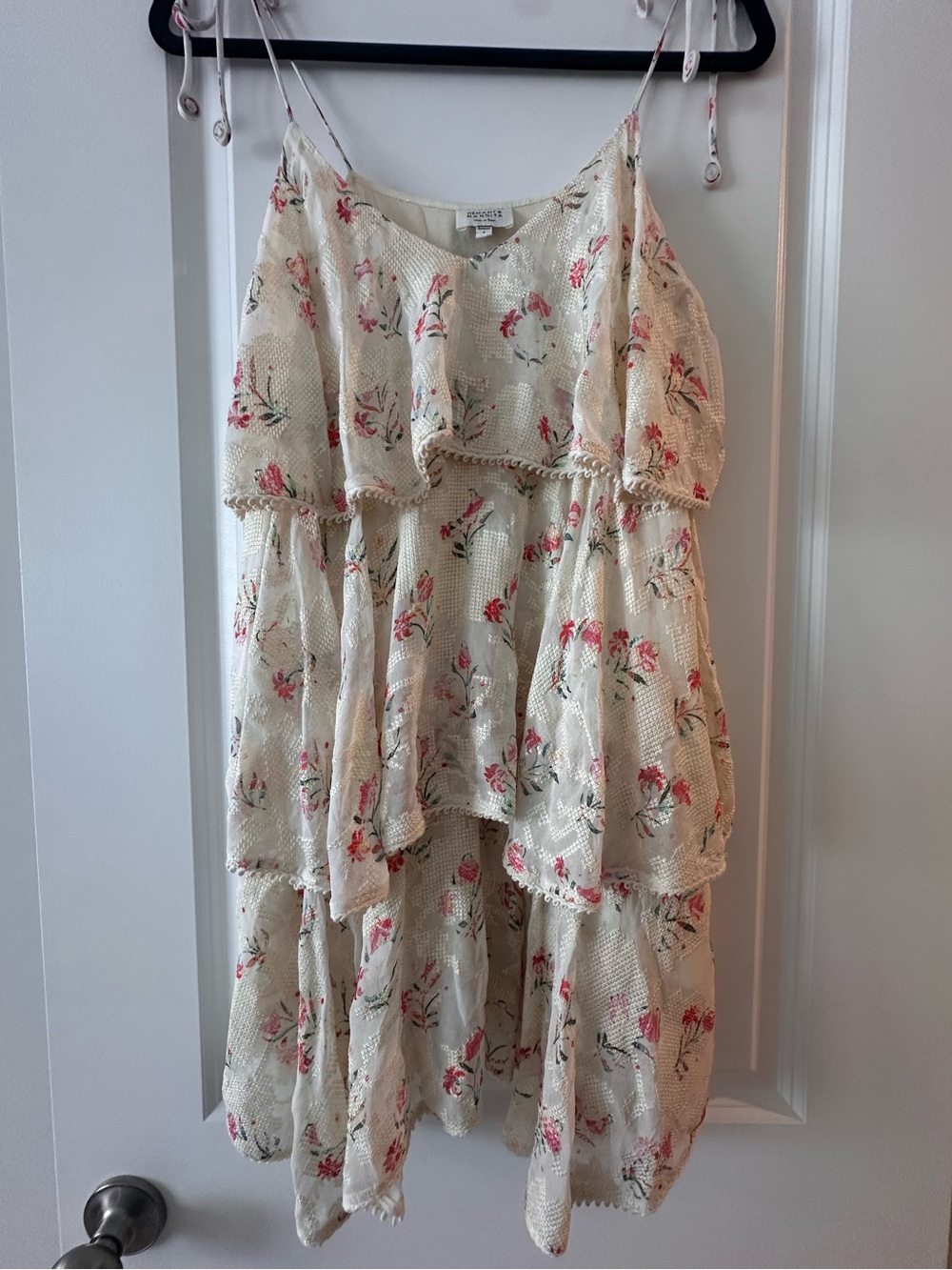 HEMANT & NANDITA Cream tiered Mini Dress with Pink Floral Print